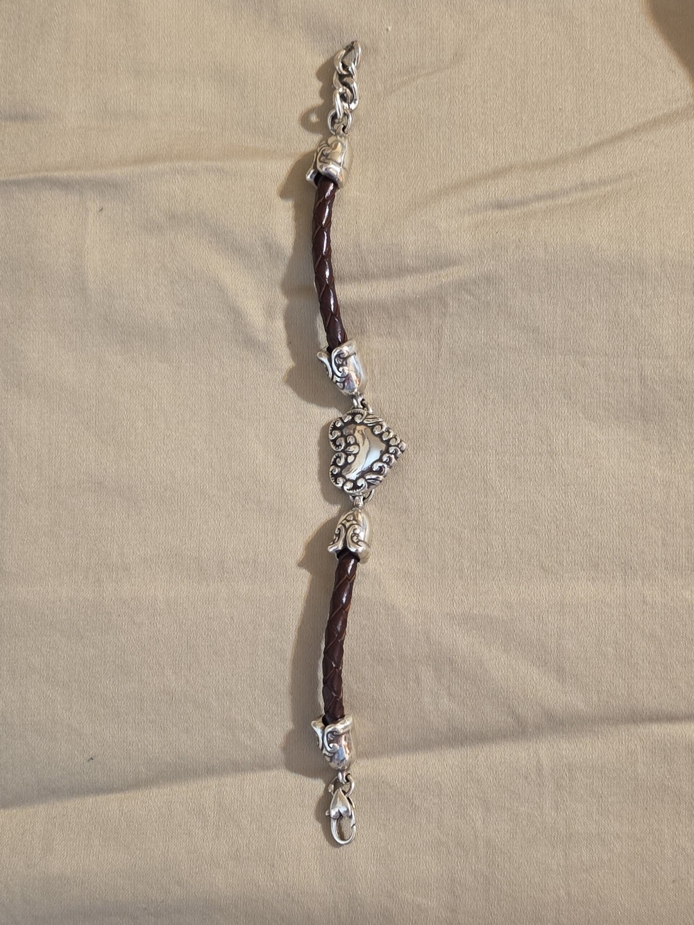 Brighton Brown Braided Leather Bracelet with Silver Heart Accents